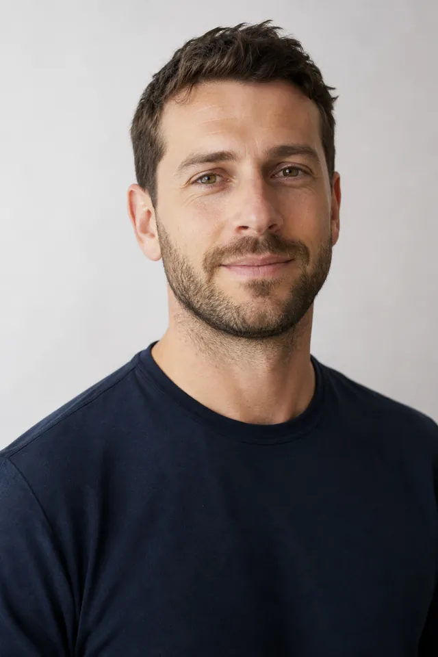 Retrato de Hernán Acosta, jefe de instructores de Aventura Familiar, con remera azul noche sobre fondo claro
