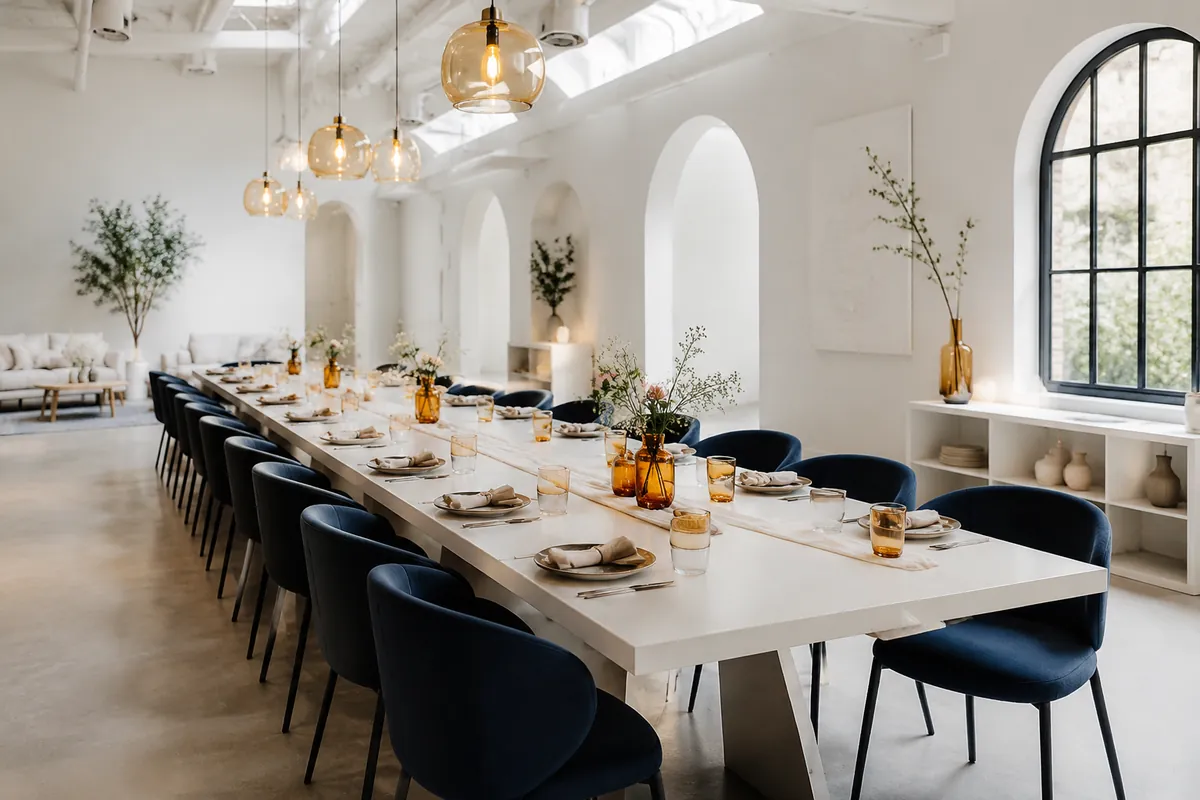 Salón de eventos con mesa larga preparada para un festejo, sillas azul noche y detalles en ámbar